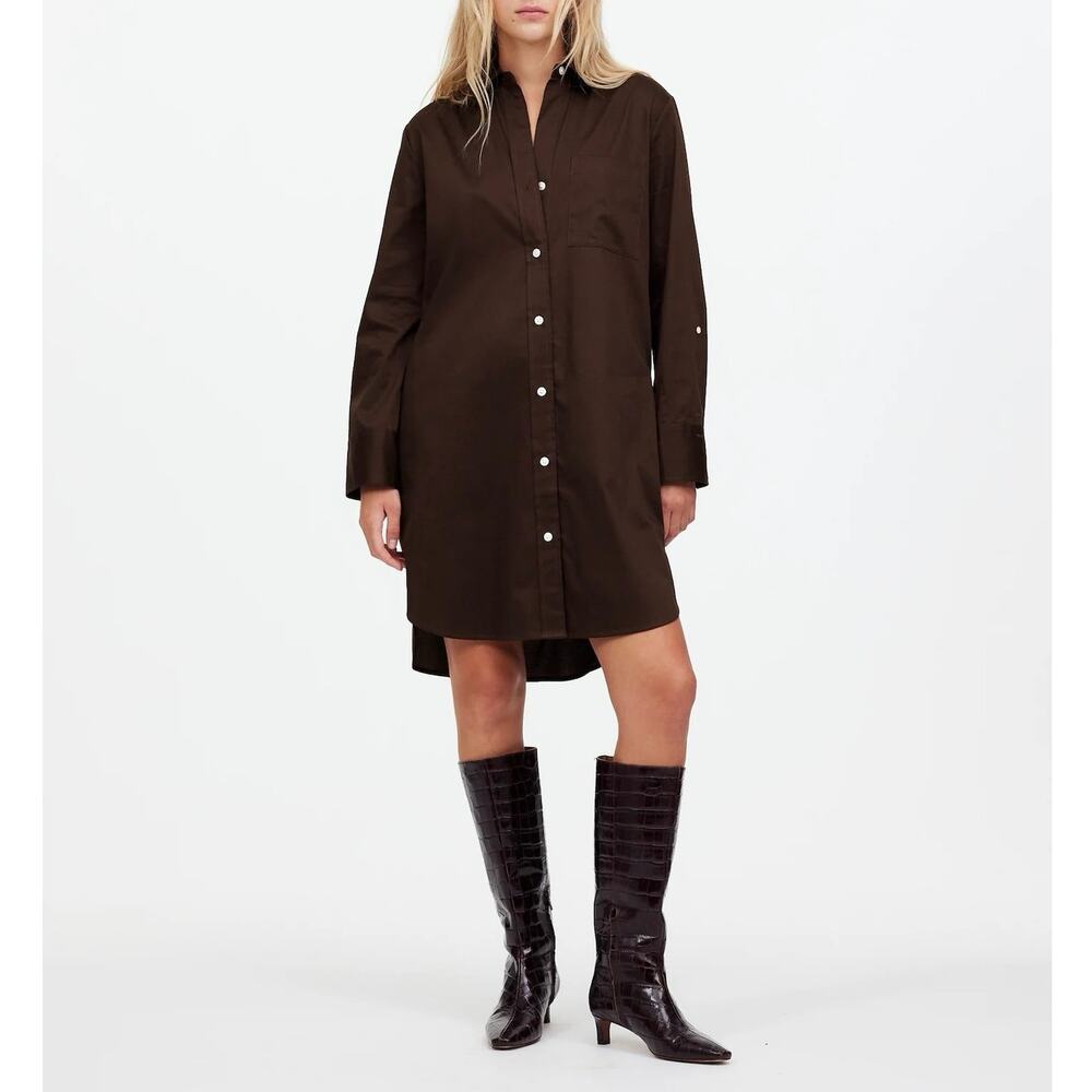 NWT Madewell Y-Neck Button Up Sateen Relaxed Shirtdress Dark Carob Brown Small